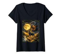 Donna Rottweiler Ululando alla Luna Divertente Cielo Notturno Maglietta con Collo a V