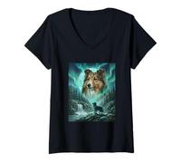 Donna Rough Collie Aurora Borealis Aurora Boreale Cane Luna Maglietta con Collo a V