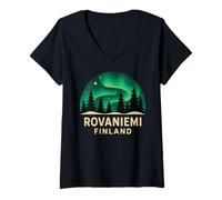 Donna Rovaniemi Finlandia Aurora boreale Aurora Borealis Pinna Artico Maglietta con Collo a V