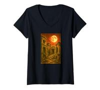 Donna Rovine di Stile Antico sotto la Luna Rossa Fantasy Opera d'Arte Maglietta con Collo a V