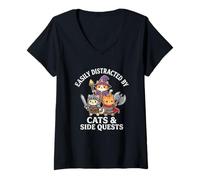 Donna Rpg Gamer Cats - Funny Side Quest Distratto Gioco da Tavolo Maglietta con Collo a V