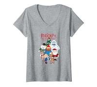 Donna Rudolph Characters with Christmas Tree Retro Holiday Maglietta con Collo a V