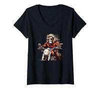 Donna Ruggendo lungo la strada con questo leone su una moto Maglietta con Collo a V