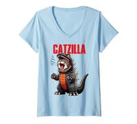 Donna Ruggente Catzilla Monster Costume Divertente Gatto Kaiju Grafica Maglietta con Collo a V