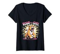 Donna Ruggire Come Una Ragazza Feroce Leonessa Empowerment Design Maglietta con Collo a V