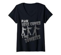 Donna Run Here Comes The Zombies Divertente Zombie Halloween Costume Maglietta con Collo a V