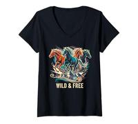 Donna Running Crazy Wild Horses Regalo Adolescenti Ragazze Ragazzi Uomini Donne Maglietta con Collo a V