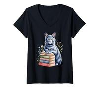Donna Russian Blue Cat Bookworm Flowers Book Reading Books Maglietta con Collo a V