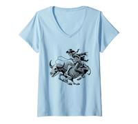 Donna Rustico Scheletro Cowboy Buffalo Western Gotico Scuro Grunge Maglietta con Collo a V