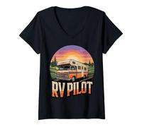 Donna RV Pilot Vintage Camper Van Tramonto Maglietta con Collo a V