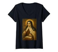Donna Sacra Icona Cattolica di Santa Teresa d'Avila Maglietta con Collo a V