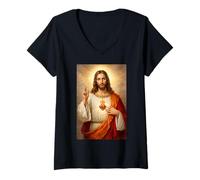 Donna Sacro Cuore di Gesù Cattolico Cristiano Religioso Design Maglietta con Collo a V