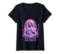 Donna Sacro Gesù Cristo Cuore Retro Vaporwave Fede devozionale Maglietta con Collo a V