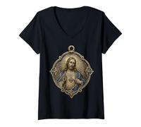 Donna Sacro Gesù Cuore Ciondolo Stile Design Icona Devozionale Maglietta con Collo a V