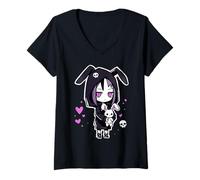 Donna Sad Girl Kawaii Anime Goth Bunny Raccapricciante Emo Maglietta con Collo a V