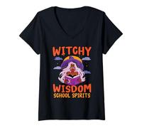 Donna Saggezza Strega Scuola Spiriti Insegnamento Insegnante Halloween Maglietta con Collo a V