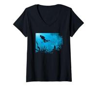 Donna Sagoma della barriera corallina Subacquea di Scuba Diver Ocean Scene Maglietta con Collo a V