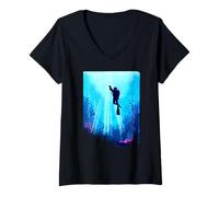 Donna Sagoma della barriera corallina Subacquea di Scuba Diver Ocean Scene Maglietta con Collo a V