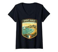 Donna Saint-Malo Francia costiera Francese Viaggio al Mare Maglietta con Collo a V