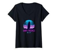 Donna Saint Tropez Francia Surfer 70s 80s anni '90s - Retro Maglietta con Collo a V