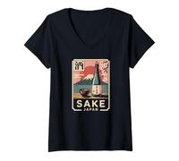 Donna Sake Giapponese Giappone Vintage Monte Fuji Retro Kanji Souvenir Maglietta con Collo a V