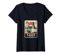 Donna Sake Giapponese Giappone Vintage Monte Fuji Retro Kanji Souvenir Maglietta con Collo a V