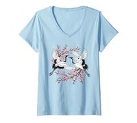Donna Sakura Cherry Blossom Gru Giapponese Gru Bird Giappone Primavera Maglietta con Collo a V