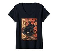 Donna Sakura Cherry Blossom Japanese Cat Ukiyo-e Vintage Maglietta con Collo a V
