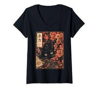 Donna Sakura Cherry Blossom Japanese Cat Ukiyo-e Vintage Maglietta con Collo a V