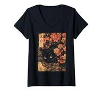 Donna Sakura Cherry Blossom Japanese Cat Ukiyo-e Vintage Maglietta con Collo a V