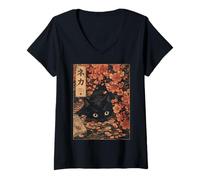 Donna Sakura Cherry Blossom Japanese Cat Ukiyo-e Vintage Maglietta con Collo a V