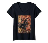 Donna Sakura Cherry Blossom Japanese Cat Ukiyo-e Vintage Maglietta con Collo a V