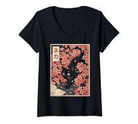 Donna Sakura Cherry Blossom Japanese Cat Ukiyo-e Vintage Maglietta con Collo a V