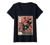 Donna Sakura Cherry Blossom Japanese Cat Ukiyo-e Vintage Maglietta con Collo a V