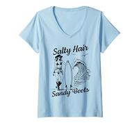 Donna Salato Capelli Sandy Boots Surfer Ragazza Spiaggia Ocean Wave Surf Maglietta con Collo a V