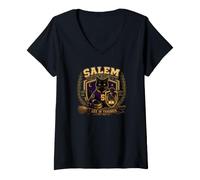 Donna Salem University Black Cat Corvo Crest Dark Academia Magic Maglietta con Collo a V