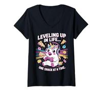 Donna Salire di livello nella vita uno spuntino alla volta Unicorn Gamer Maglietta con Collo a V