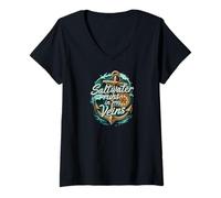 Donna Saltwater Runs in My Veins Anchor Ocean Nautical Design Maglietta con Collo a V