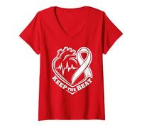 Donna Salute del Cuore Consapevolezza delle malattie cardiache Battito Cardiaco CHD Wear Rosso Maglietta con Collo a V