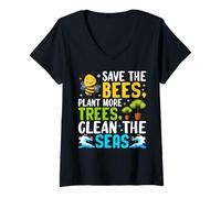 Donna Salvare Le api pianta più Alberi Pulire i Mari Maglietta con Collo a V