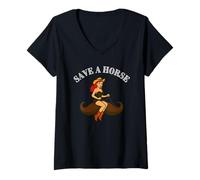 Donna Salvare un cavallo, cavalcare un baffi - divertente cowgirl occidentale pin-up Maglietta con Collo a V