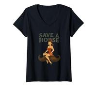 Donna Salvare un cavallo, cavalcare un baffi - divertente cowgirl occidentale pin-up Maglietta con Collo a V