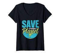 Donna Salviamo Il Pianeta Globale Terra Cambiamento Climatico Maglietta con Collo a V