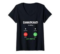 Donna Samarcanda Chiama e Devo Andare in Viaggio in Uzbekistan Maglietta con Collo a V
