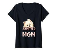 Donna Samoiedo Mamma Cane Samoiedo Mamma Carino Cucciolo Maglietta con Collo a V
