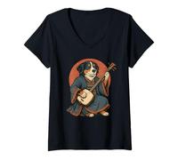 Donna Samurai Bernese Mountain Dog che gioca Shamisen Retro Vintage Maglietta con Collo a V