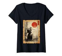 Donna Samurai Cat Anime Japanese Art Funny Graphic Ukiyo-e Art Maglietta con Collo a V