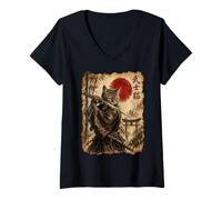 Donna Samurai Cat Anime Japanese Art Funny Graphic Ukiyo-e Art Maglietta con Collo a V