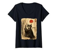 Donna Samurai Cat Anime Japanese Art Funny Graphic Ukiyo-e Art Maglietta con Collo a V