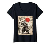 Donna Samurai Cat Anime Japanese Art Funny Graphic Ukiyo-e Art Maglietta con Collo a V